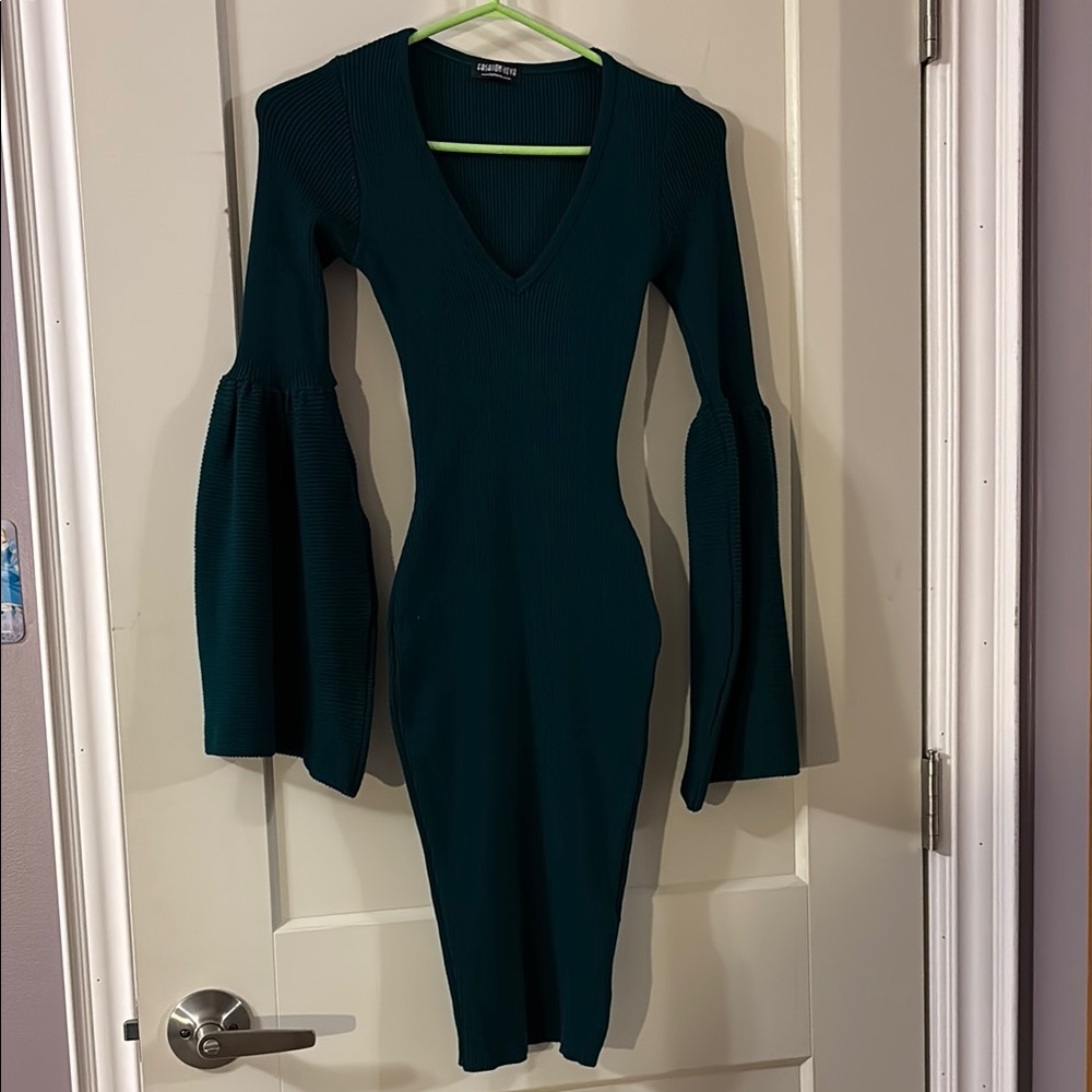 Knit Teal Dress with Flared Sleeves